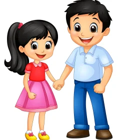 Cartoon siblings holding hands illustration