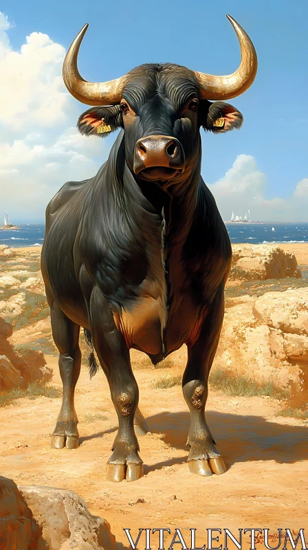 AI ART Serene Bull in Coastal Setting