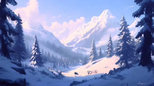 Snowy Peaks and Pine Trees Scene