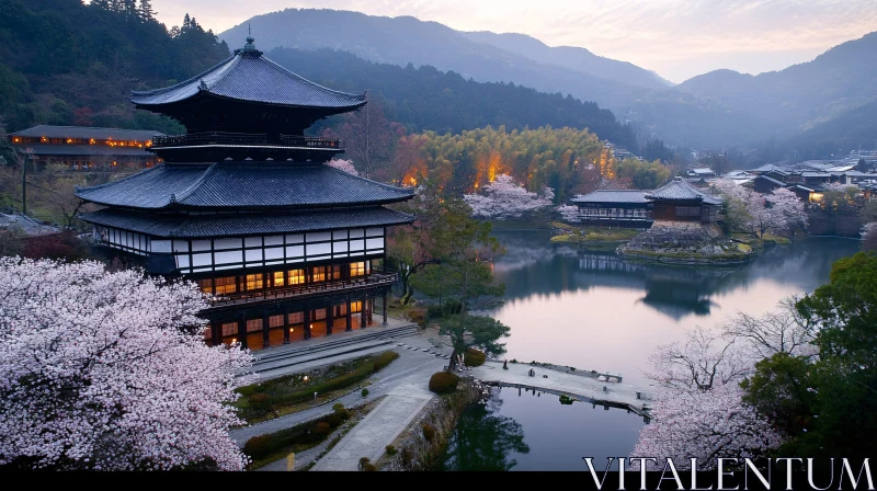 Japanese Pagoda by Lake at Sunrise AI Image