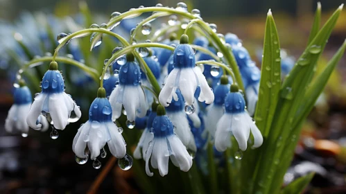 Blue and White Snowdrop Flowers with Water Droplets