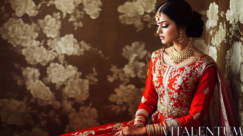 Portrait of a Bride in Red and Gold AI Image