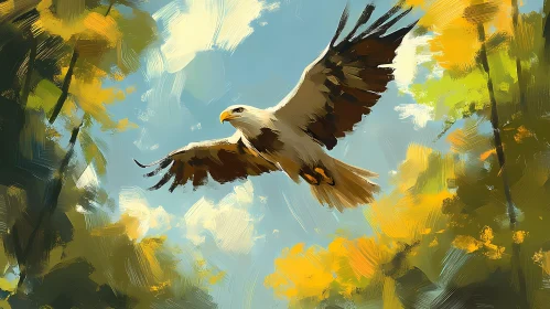 Eagle in Flight Over Colorful Trees