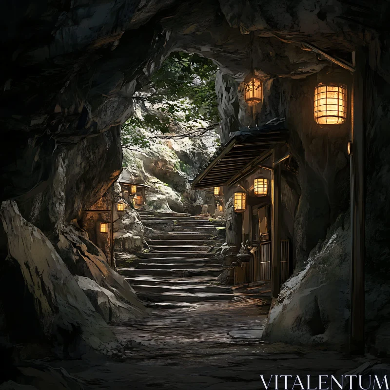 AI ART Stone Path Through Cave with Lit Lanterns