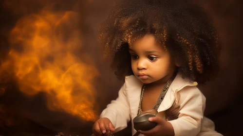 Captivating Afro-haired Toddler Sitting Near a Mesmerizing Fire