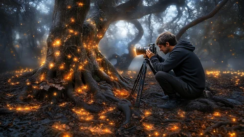 Photographer in Mystical Forest with Fairy Lights