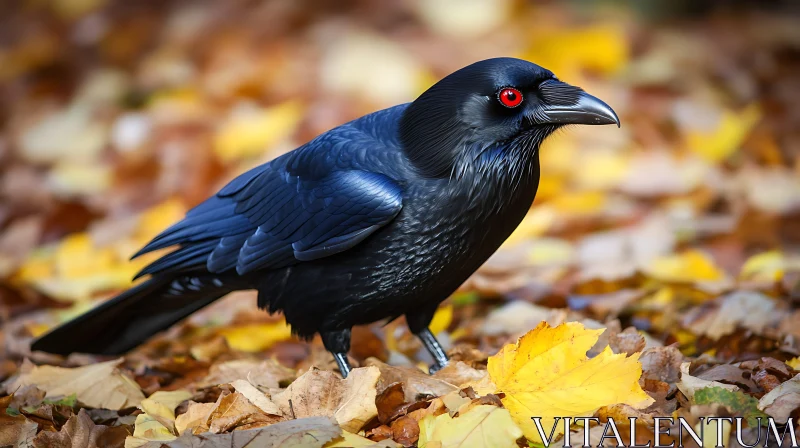 Black Raven on Fallen Leaves AI Image