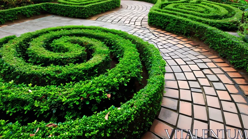 Enchanting Garden Maze with Tall Hedges and Red Brick Path AI Image