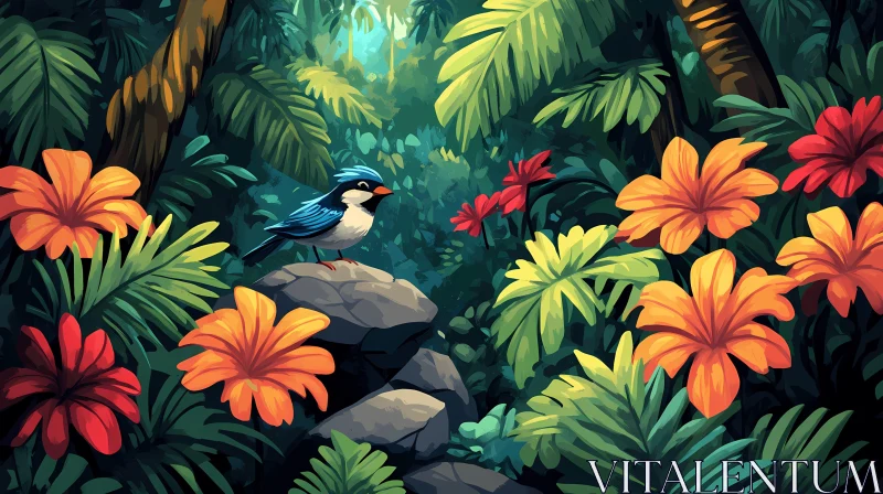 AI ART Exotic Jungle with Bird and Flowers