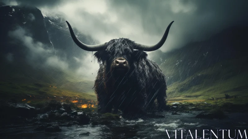 Majestic Bull in Scottish Landscape - Matte Painting Artistry AI Image