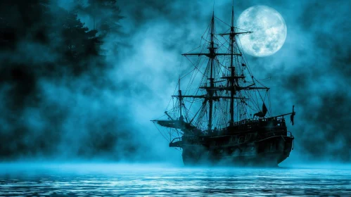 Mysterious Seascape with Dark Ship and Thick Fog