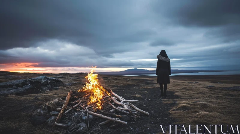 Powerful Image of a Person Contemplating a Bonfire in a Field AI Image