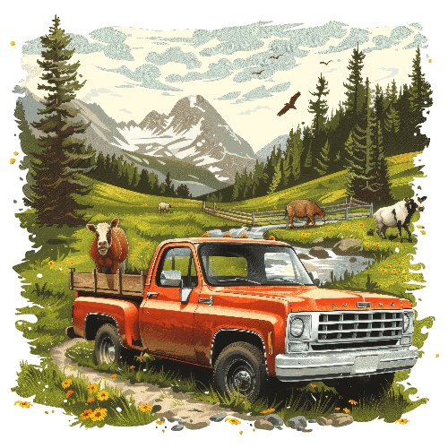 POD Design Red Pickup Truck in Countryside with Cows and Mountains