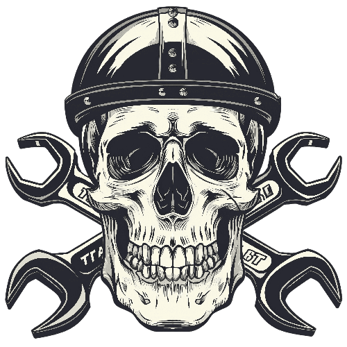 Skull in Motorcycle Helmet with Wrenches Illustration