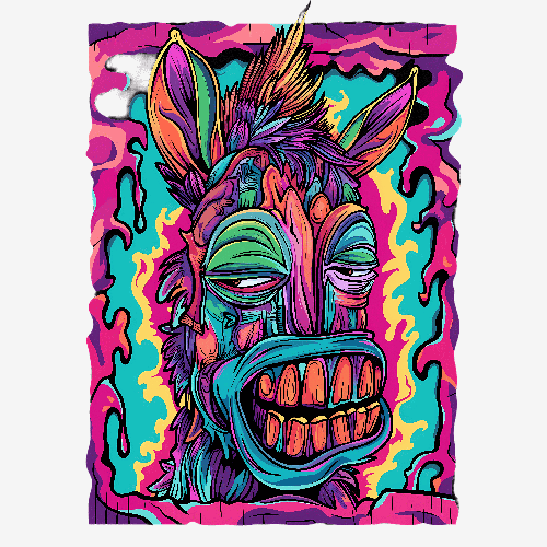 Trippy Donkey Illustration with Gas Mask and Neon Colors POD Design