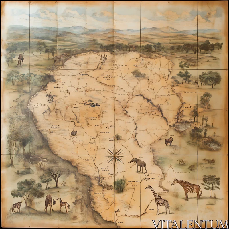 AI ART Antique Africa Map with Animals