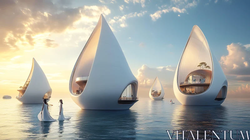 AI ART Teardrop Buildings on Water