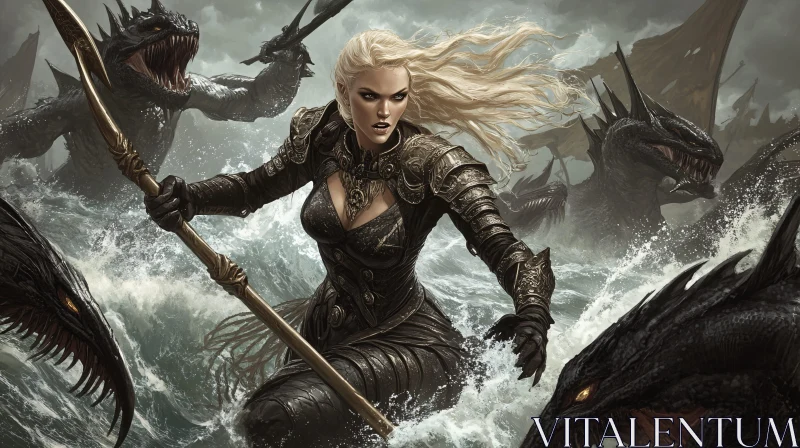 AI ART Female Warrior and Dragons on the Ocean