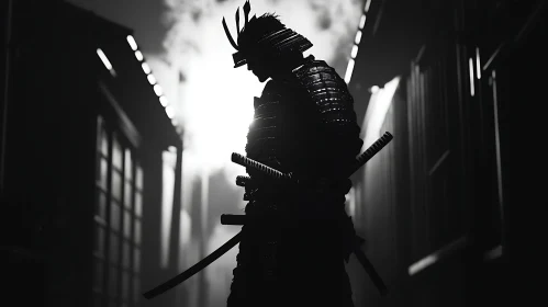 Monochrome Samurai Warrior in Alleyway