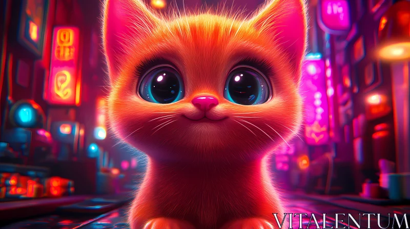 Adorable Cat in Vibrant City Lights AI Image