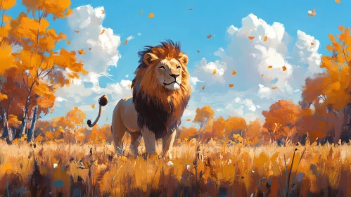 Lion Amidst Autumn Colors