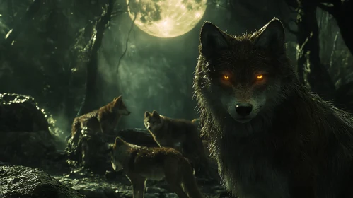 Nocturnal Wolves under Lunar Glow