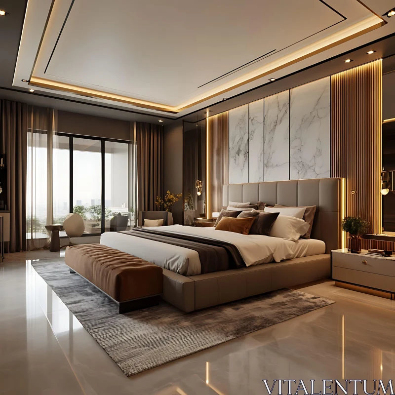 Stylish Modern Bedroom with Plush Furnishings and Scenic Windows AI Image