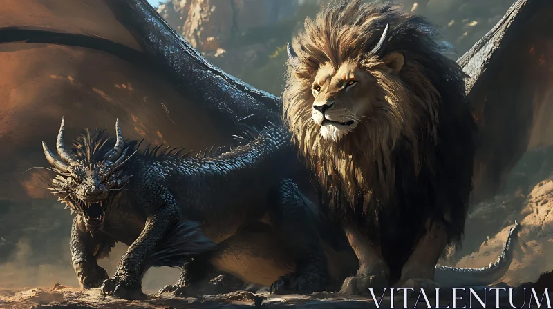 Winged Lion and Dragon Companions AI Image