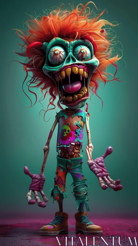 AI ART 3D Rendered Cartoon Zombie with Green Skin and Orange Hair