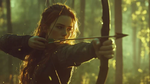 Female Archer Ready to Shoot in Forest