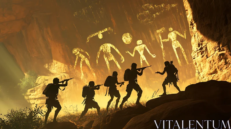 Silhouetted Figures Near Ancient Cave Paintings AI Image