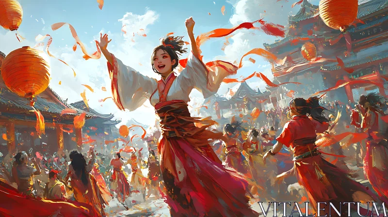 Joyful Crowd with Lanterns and Ribbons AI Image