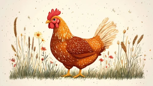 Graceful Chicken with Wildflowers Art