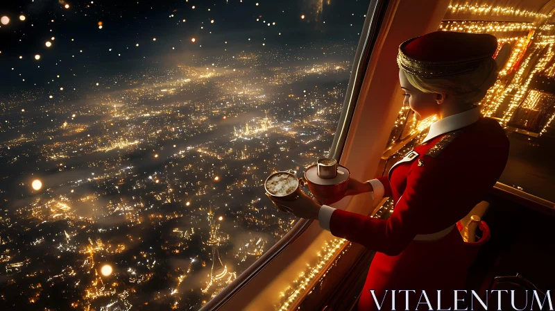 Enchanting Night View from an Airplane with Coffee Service AI Image