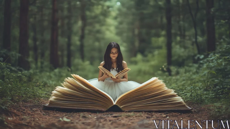 Child immersed in storybook in woods AI Image