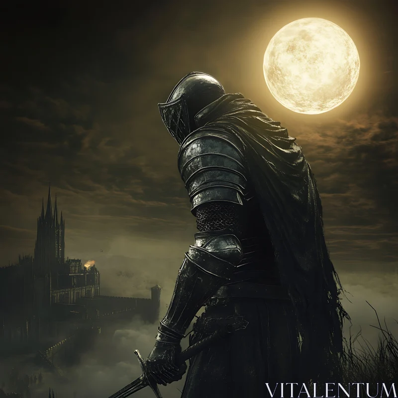 AI ART Armored Knight and Castle Under the Moon