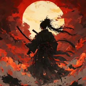Warrior's Stance Against Fiery Sky