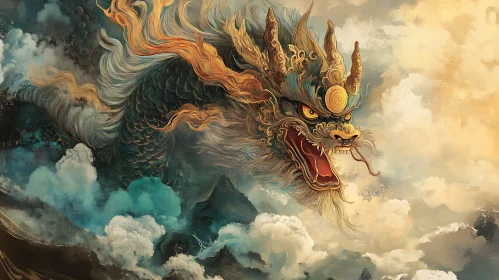 Fantasy Dragon Emerging from Clouds