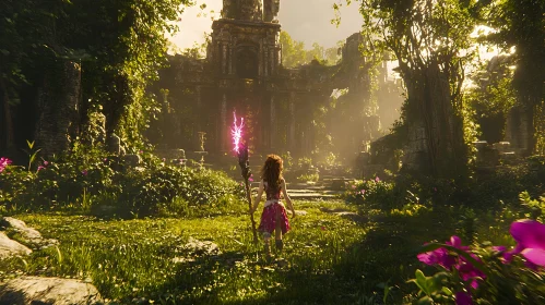 Girl with Staff in Ancient Forest Ruins