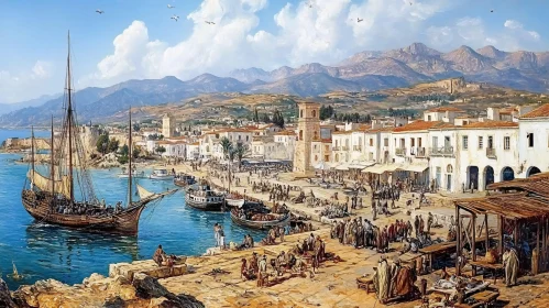 Coastal Cityscape with Figures and Ships