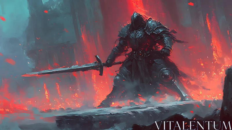 AI ART Armored Warrior in Fiery Landscape