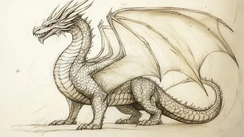 Winged Dragon Detailed Line Art