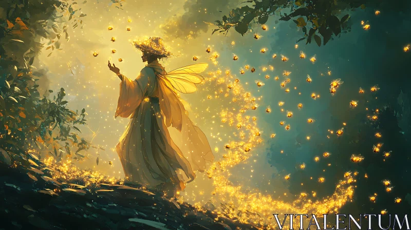 AI ART Golden Fairy in a Magical Forest