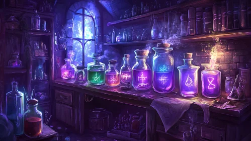 Glowing Potion Bottles in Magic Lab