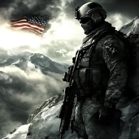 Warrior on Snowy Mountain with US Flag