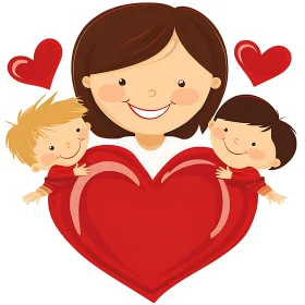 Cartoon of Mother and Children with Heart