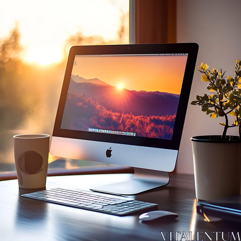 Sunset Landscape on Desk Computer Screen AI Image