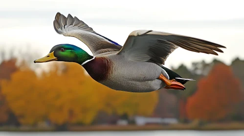 Flying Mallard Duck over Autumnal Trees