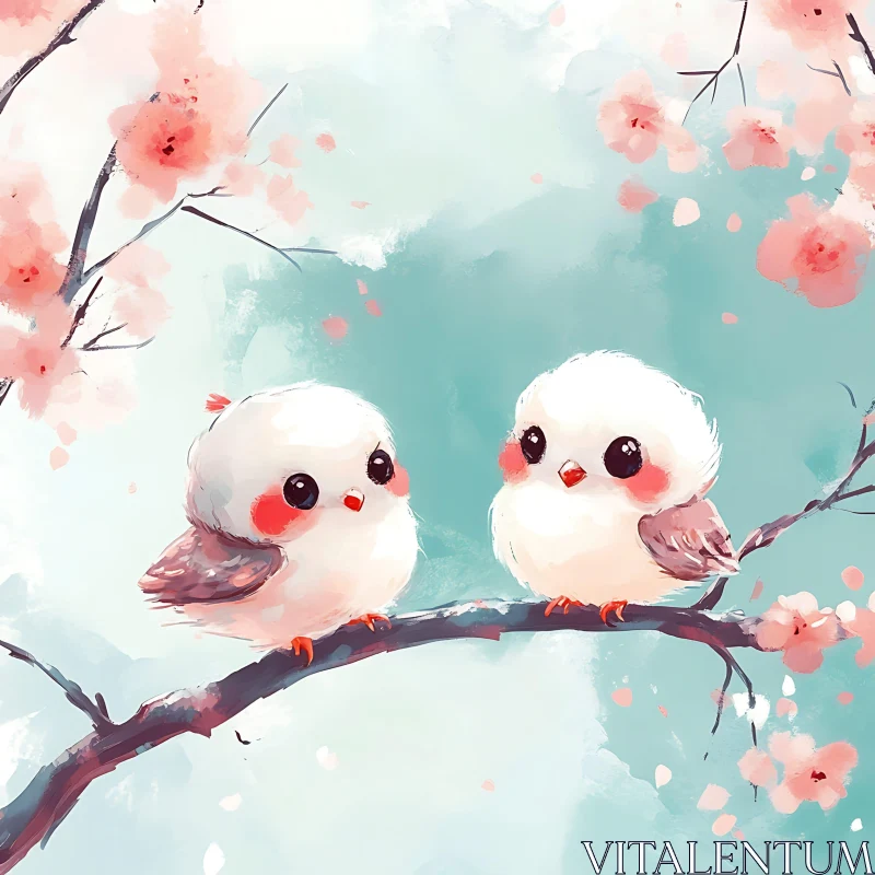 Watercolor Birds with Pink Flowers AI Image