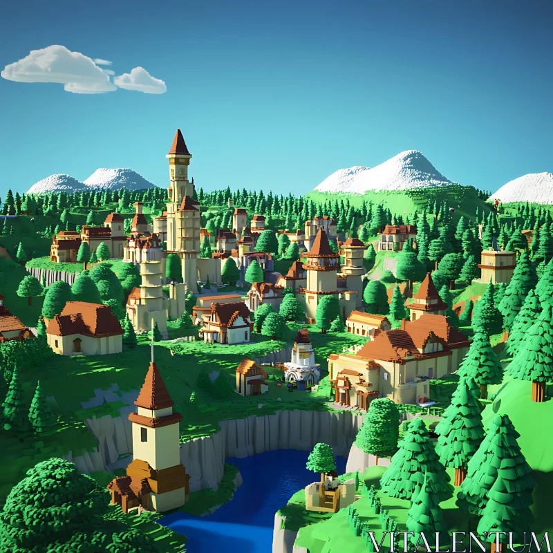 Blocky Town in Green Landscape AI Image